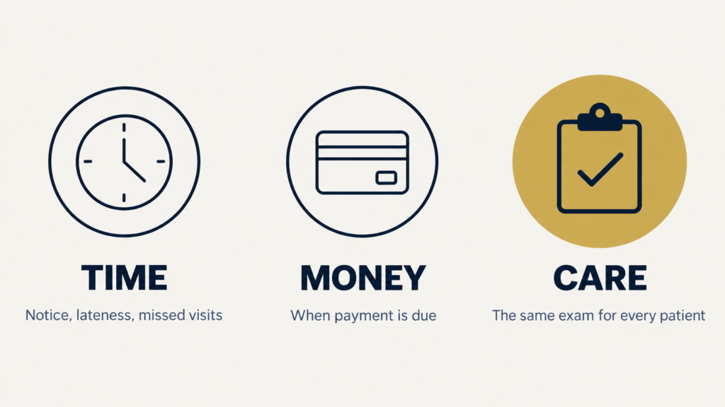 Three areas for setting standards in a dental practice: time for scheduling and missed visits, money for payment timing, and care for a consistent new patient exam