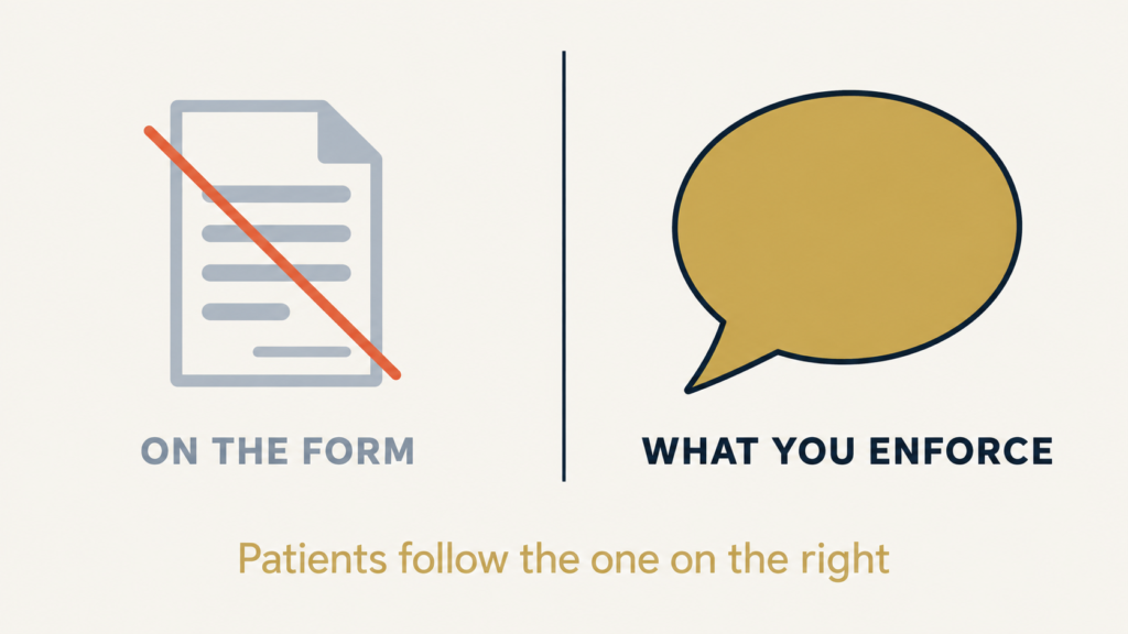 Comparison of a dental office's written cancellation policy against the policy staff actually enforce, showing patients follow the enforced standard